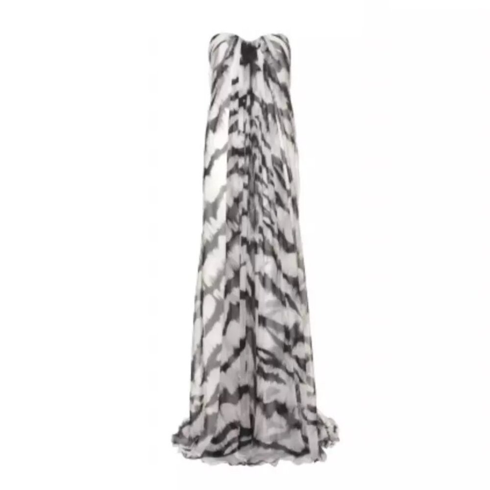 $6200 Alexander McQueen Black White Strapless Pleated Silk Long Dress IT 40/4